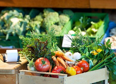 Köschinger Bauernmarkt Eine Holzsteige gefüllt mit Tomaten, Radi, Bund Karotten, eine Zitrone, Bund Mangold, Frühlingszwiebeln, Stangensellerei und ein Strauß mit verschiedenen Kräutern. Daneben steht ein Rechengerät mit Tippstreifen auf einem Holztisch.